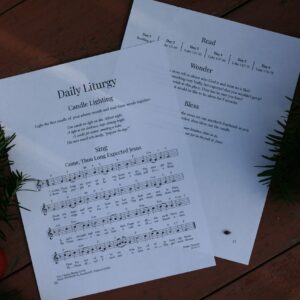 Photo of pages from the Advent worship guide. Titled "Daily Liturgy" and has sections for Candle Lighting, Reading, Singing, Wondering, and Blessing