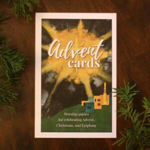 Photo of the cover of the color Advent Cards. Shows a color illustration of the star over Bethlehem, with the title: Advent Cards: worship guides to celebrate Advent, Christmas, and Epiphany.